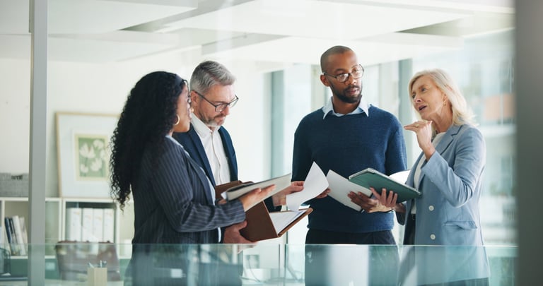 Business, documents and people with meeting discussion for finance trends