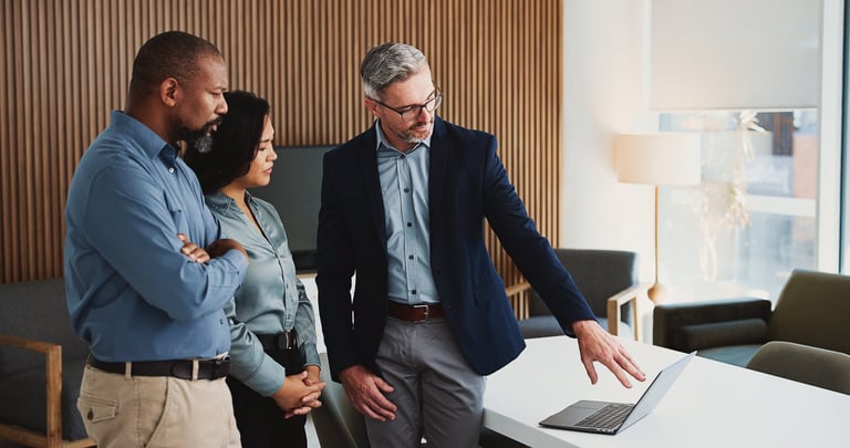 Laptop, meeting and business people in office with review