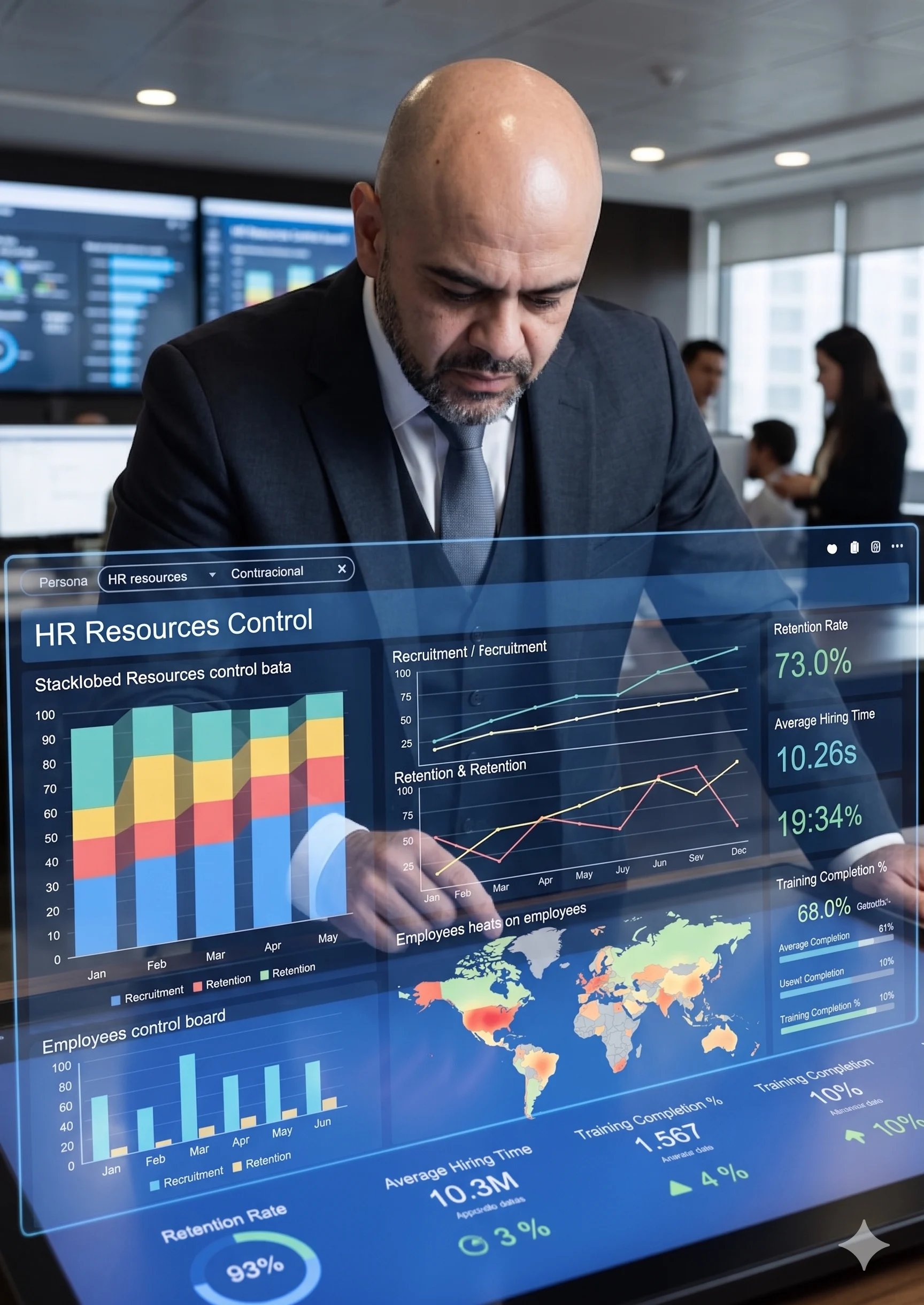 Bald man in business suit examining HR analytics dashboard with charts, retention rates, and global employee data on screen
