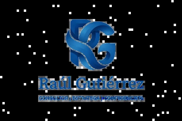 Raúl Gutiérrez logo with blue SG initials and tagline on starry black background
